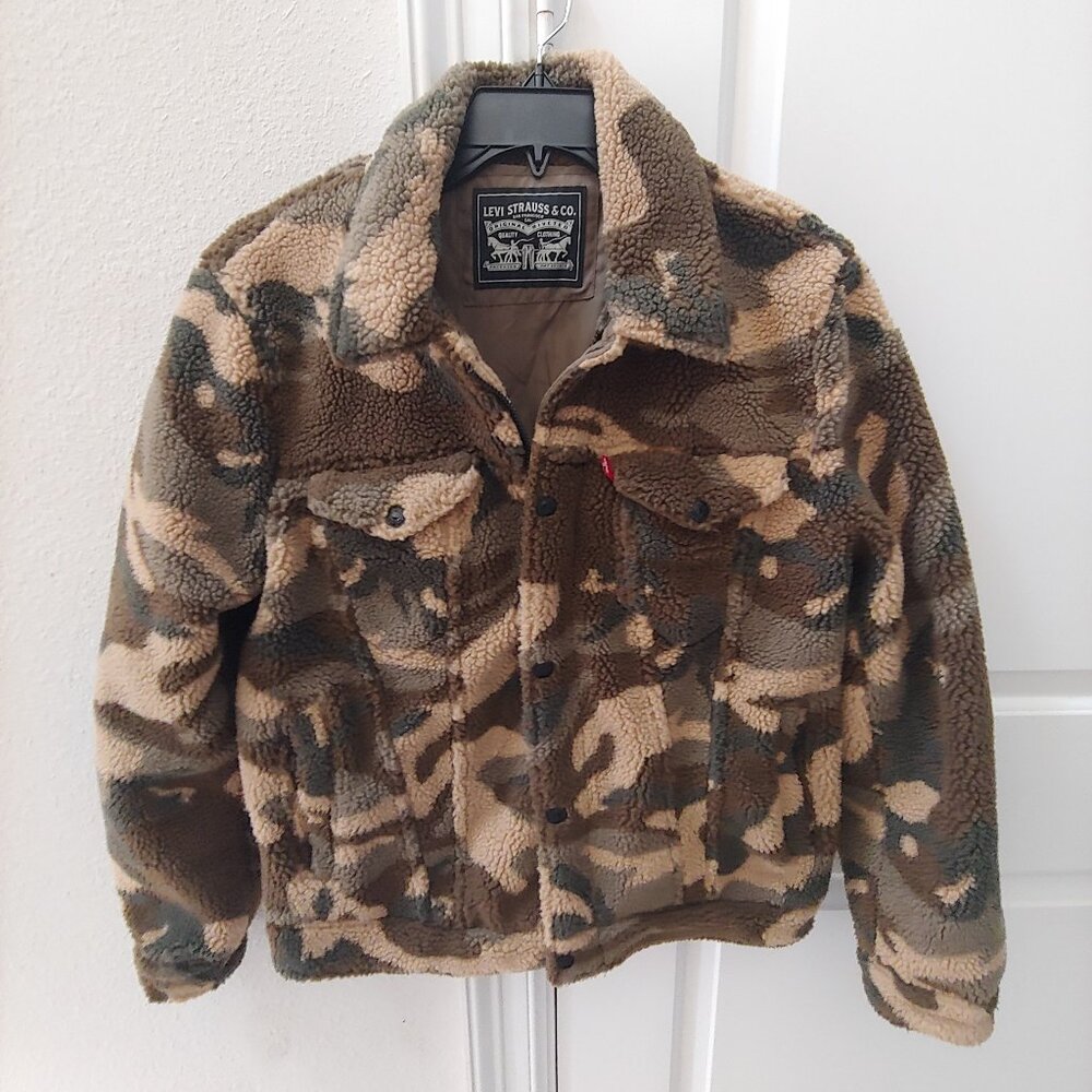 Levi's Trucker Jacket Mens small Brown Sherpa Camouflage Faux Fur Coat Snap Zip